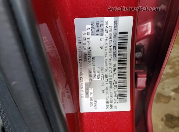 3MYDLBYV1LY700514 2020 TOYOTA YARIS Красный Вид наклейки с VIN-кодом