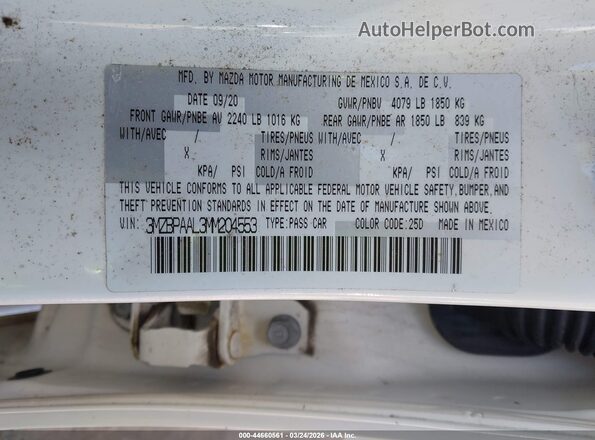 3MZBPAAL3MM204553 2021 MAZDA 3 Белый Вид подкапотного пространства