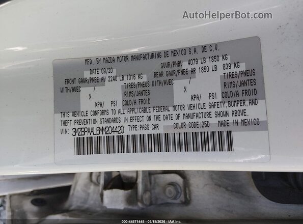 3MZBPAAL6MM204420 2021 MAZDA 3 Белый Вид подкапотного пространства
