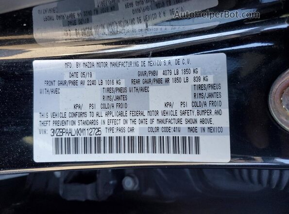 3MZBPAALXKM112725 2019 MAZDA 3 Черный Вид наклейки с VIN-кодом