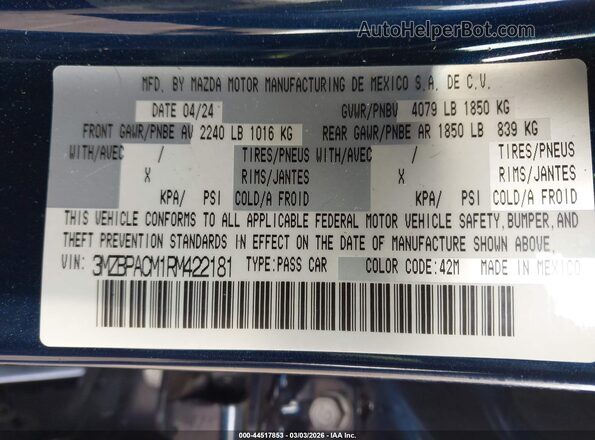 3MZBPACM1RM422181 2024 MAZDA 3 Dark Blue Вид підкапотного простору