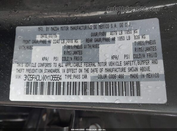 3MZBPADLXKM106564 2019 MAZDA 3 Серый Вид подкапотного пространства