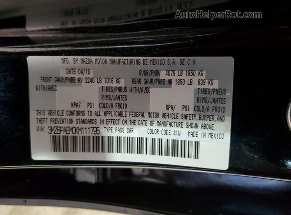 3MZBPAEM0KM111795 2019 MAZDA 3 Black ძრავის განყოფილების ხედი