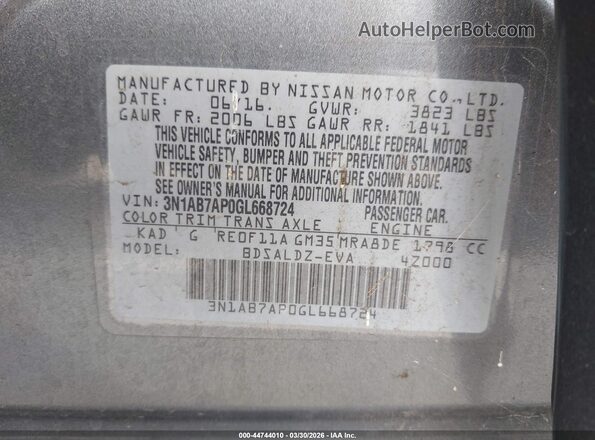 3N1AB7AP0GL668724 2016 NISSAN SENTRA Gray Շարժիչի բաժամունքի տեսք