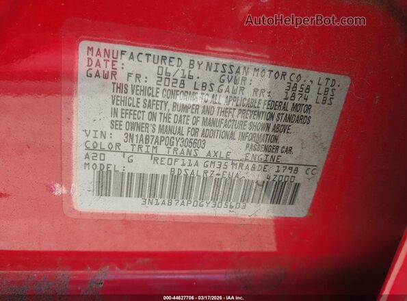 3N1AB7AP0GY305603 2016 NISSAN SENTRA Red Widok komory silnika