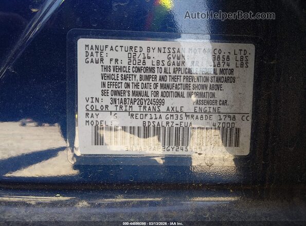 3N1AB7AP2GY245999 2016 NISSAN SENTRA Синий Вид подкапотного пространства