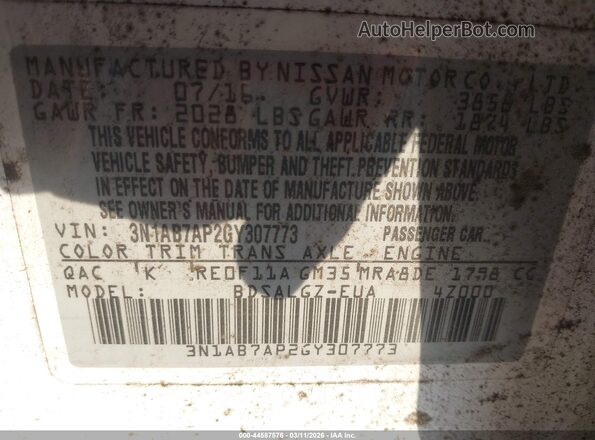 3N1AB7AP2GY307773 2016 NISSAN SENTRA White Engine compartment view