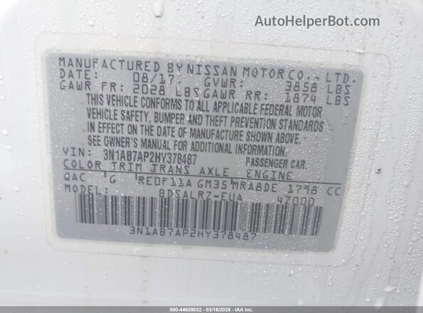 3N1AB7AP2HY378487 2017 NISSAN SENTRA Белый Вид подкапотного пространства