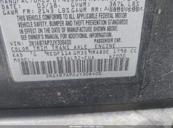 3N1AB7AP2JY308400 2018 NISSAN SENTRA Gray Widok komory silnika
