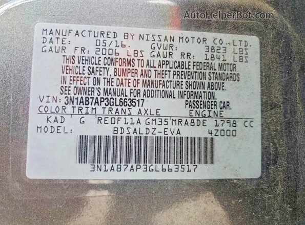 3N1AB7AP3GL663517 2016 NISSAN SENTRA Gray ძრავის განყოფილების ხედი