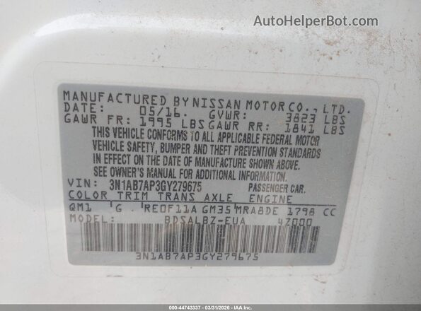 3N1AB7AP3GY279675 2016 NISSAN SENTRA Белый Вид подкапотного пространства