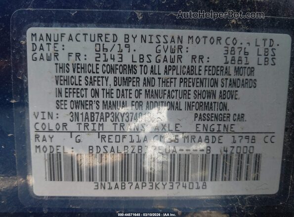 3N1AB7AP3KY374018 2019 NISSAN SENTRA Blue Շարժիչի բաժամունքի տեսք
