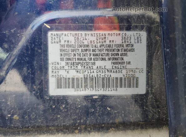 3N1AB7AP5GY321148 2016 NISSAN SENTRA Синий Вид наклейки с VIN-кодом