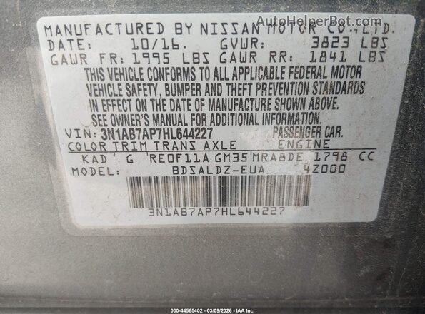 3N1AB7AP7HL644227 2017 NISSAN SENTRA Серый Вид подкапотного пространства