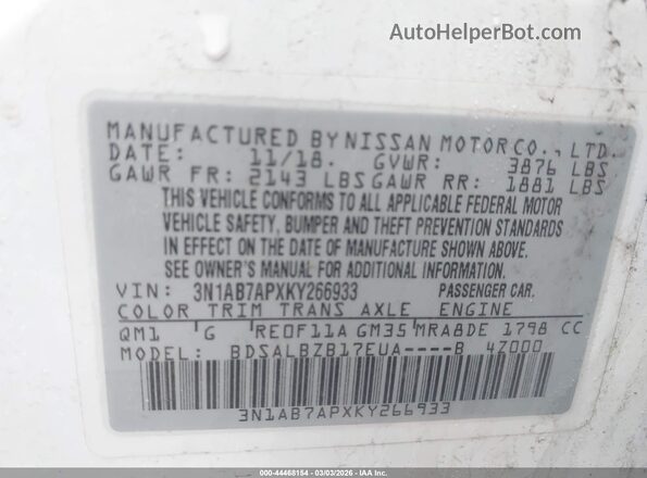 3N1AB7APXKY266933 2019 NISSAN SENTRA White Engine compartment view
