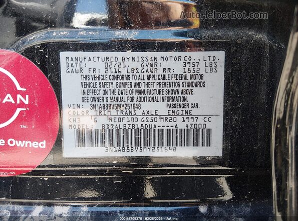 3N1AB8BV5MY251648 2021 NISSAN SENTRA Черный Вид подкапотного пространства