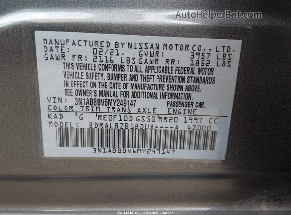 3N1AB8BV6MY249147 2021 NISSAN SENTRA Серый Вид подкапотного пространства