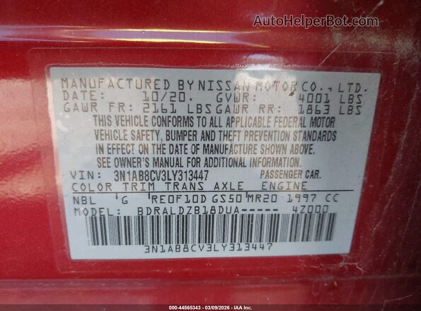 3N1AB8CV3LY313447 2020 NISSAN SENTRA Red Widok komory silnika