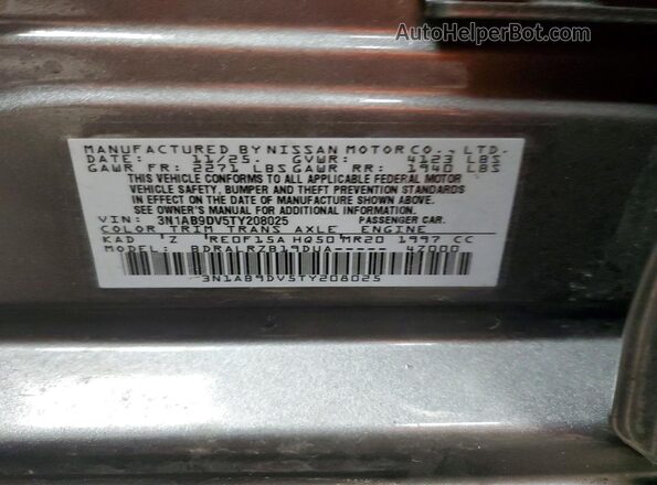 3N1AB9DV5TY208025 2026 NISSAN SENTRA Серый Вид наклейки с VIN-кодом