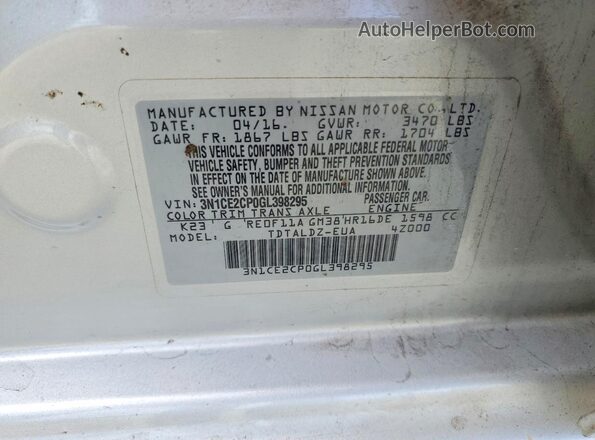 3N1CE2CP0GL398295 2016 NISSAN VERSA Silver Вид підкапотного простору