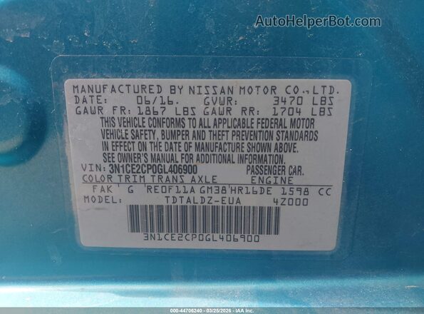 3N1CE2CP0GL406900 2016 NISSAN VERSA NOTE Blue Widok komory silnika