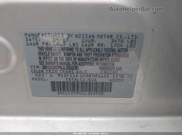 3N1CE2CP0JL353235 2018 NISSAN VERSA NOTE Серебряный Вид подкапотного пространства