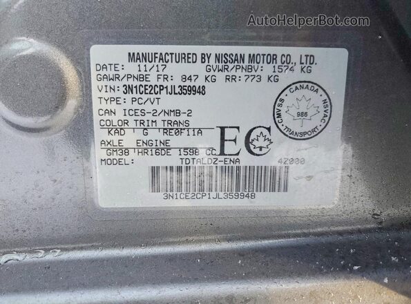 3N1CE2CP1JL359948 2018 NISSAN VERSA Серый Вид наклейки с VIN-кодом