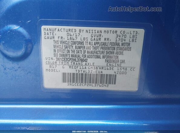 3N1CE2CP2HL376042 2017 NISSAN VERSA NOTE Синий Вид подкапотного пространства
