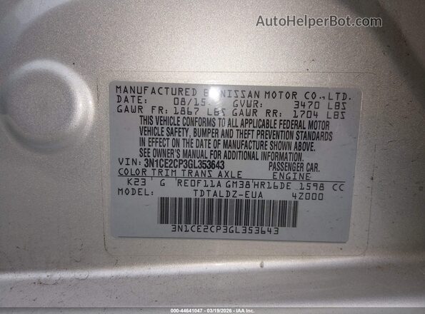 3N1CE2CP3GL353643 2016 NISSAN VERSA NOTE Silver Widok komory silnika