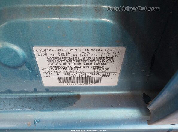 3N1CE2CP3GL407149 2016 NISSAN VERSA NOTE Teal ძრავის განყოფილების ხედი