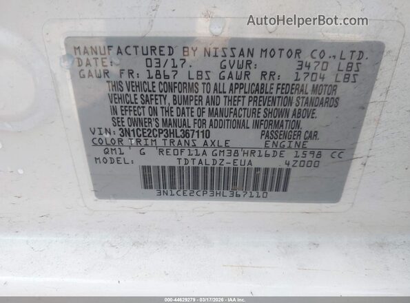 3N1CE2CP3HL367110 2017 NISSAN VERSA NOTE Белый Вид подкапотного пространства