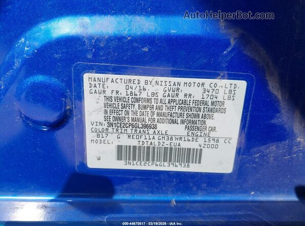 3N1CE2CP6GL396938 2016 NISSAN VERSA NOTE Синий Вид подкапотного пространства