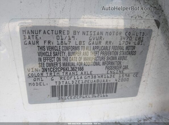 3N1CE2CP6KL362166 2019 NISSAN VERSA NOTE Белый Вид подкапотного пространства