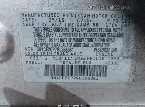 3N1CE2CP7GL358361 2016 NISSAN VERSA NOTE Silver Vista del compartimento del motor