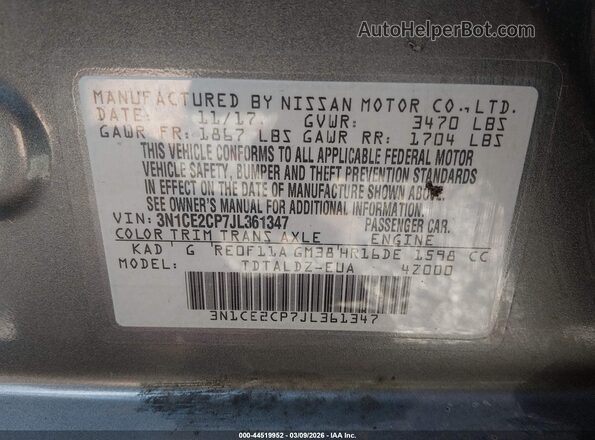 3N1CE2CP7JL361347 2018 NISSAN VERSA NOTE Серый Вид подкапотного пространства