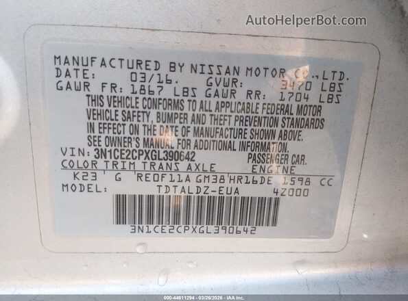 3N1CE2CPXGL390642 2016 NISSAN VERSA NOTE Серебряный Вид подкапотного пространства