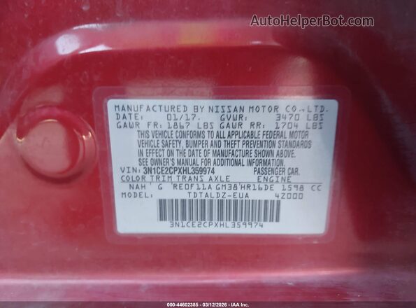 3N1CE2CPXHL359974 2017 NISSAN VERSA NOTE Red Engine compartment view