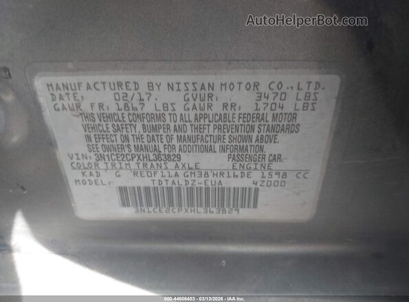 3N1CE2CPXHL363829 2017 NISSAN VERSA NOTE Серый Вид подкапотного пространства