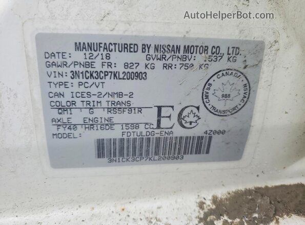 3N1CK3CP7KL200903 2019 NISSAN MICRA Белый Вид наклейки с VIN-кодом