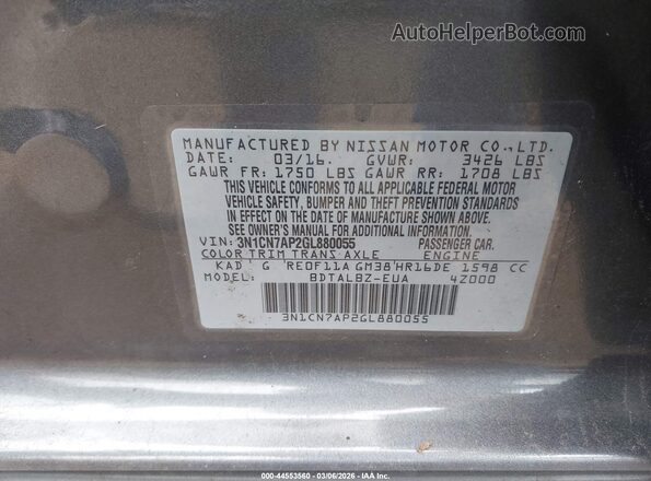 3N1CN7AP2GL880055 2016 NISSAN VERSA Gray Widok komory silnika
