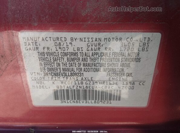 3N1CN8EV3LL809231 2020 NISSAN VERSA Red Widok komory silnika
