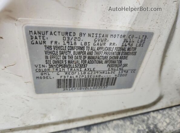 3N1CP5BV2LL523237 2020 NISSAN KICKS White VIN կոդի պիտակի տեսք