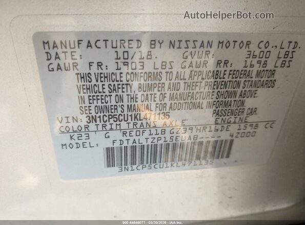 3N1CP5CU1KL471135 2019 NISSAN KICKS Silver Engine compartment view