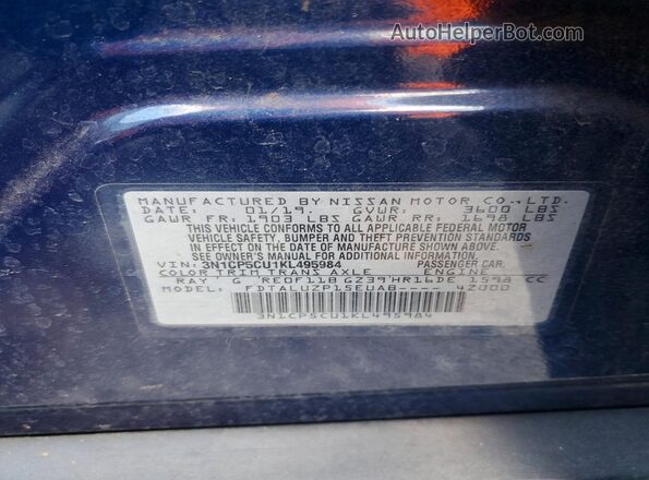 3N1CP5CU1KL495984 2019 NISSAN KICKS Синий Вид наклейки с VIN-кодом