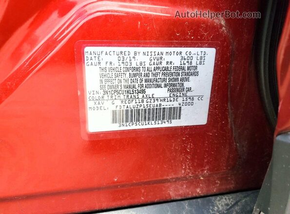 3N1CP5CU1KL513495 2019 NISSAN KICKS Красный Вид наклейки с VIN-кодом