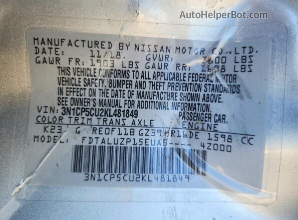 3N1CP5CU2KL481849 2019 NISSAN KICKS Silver Widok naklejki z numerem VIN