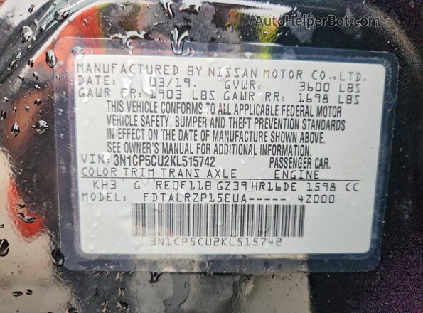 3N1CP5CU2KL515742 2019 NISSAN KICKS Black Вид наклейки з VIN-кодом