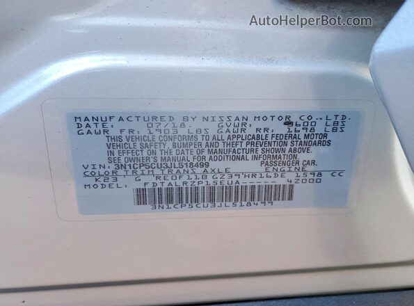3N1CP5CU3JL518499 2018 NISSAN KICKS Серебряный Вид наклейки с VIN-кодом