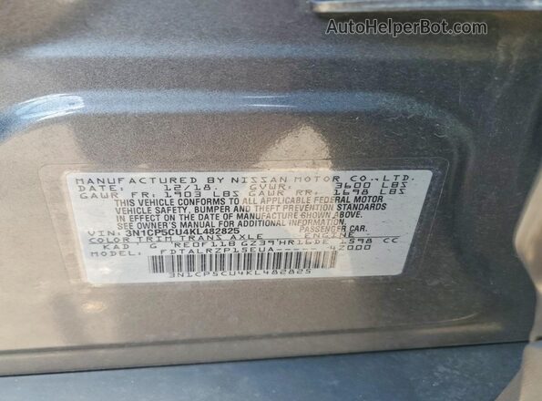 3N1CP5CU4KL482825 2019 NISSAN KICKS Gray Вид наклейки з VIN-кодом