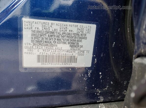 3N1CP5CU4KL532414 2019 NISSAN KICKS Синий Вид наклейки с VIN-кодом